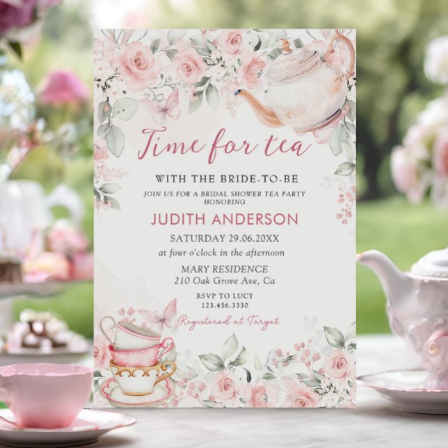 Blush Pink Floral Time For Tea Bridal Shower Invitation (Creator Uploaded)