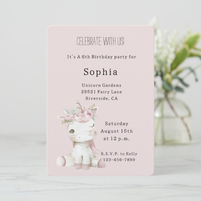 Blush Pink Floral Unicorn Birthday Invitation (Standing Front)