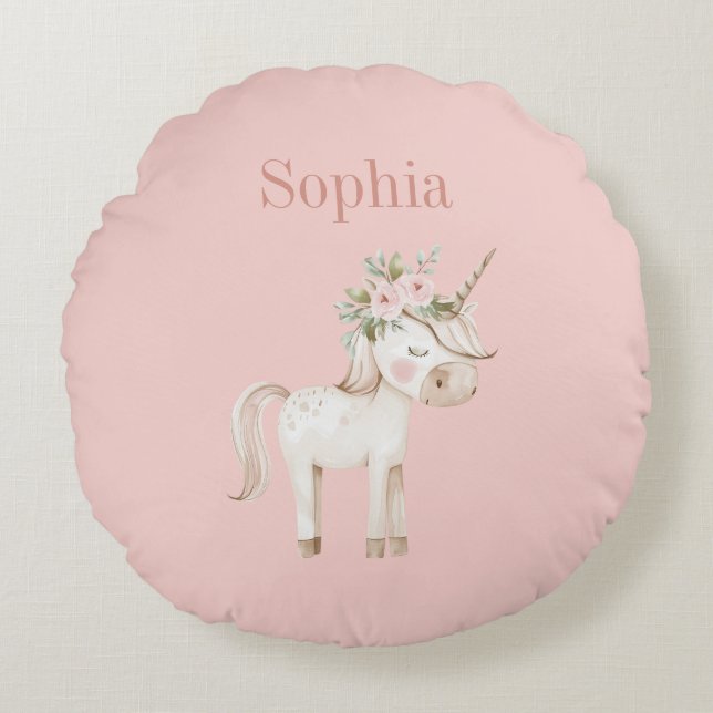Blush Pink Floral Unicorn Round Cushion (Front)