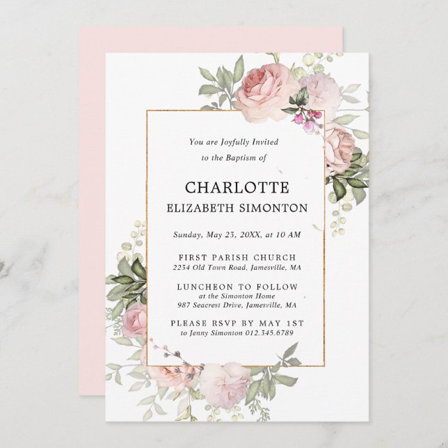 Blush Pink Floral Watercolor Baptism Invitation (Front/Back)