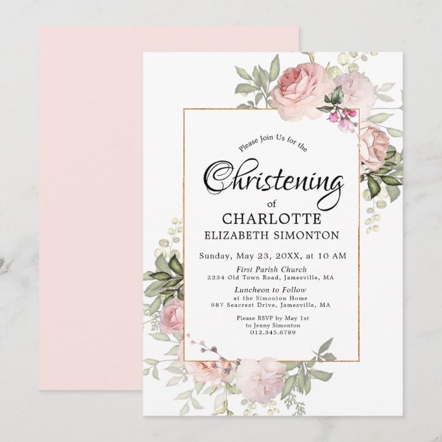 Blush Pink Floral Watercolor Christening Invitation (Front/Back)