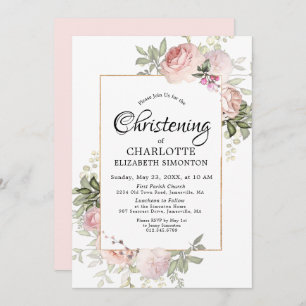 Blush Pink Floral Watercolor Christening Invitation
