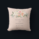 Blush Pink Floral Watercolor Elegant Wedding Cushion<br><div class="desc">Elegant soft blush with pink, peach flowers. So chic and sophisticated. Such an elegant wedding keepsake. Add your names, wedding date to make this pillow extra special. I’ve enjoyed creating this design for you. Such a beautiful and romantic design with the soft colours. Zazzle guarantees 100% customer service and satisfaction....</div>