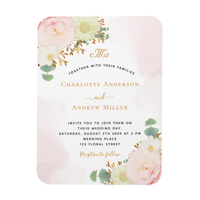 Blush pink floral watercolor gold monogram wedding magnet (Vertical)