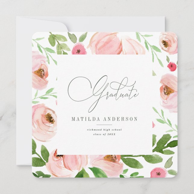 Blush pink floral watercolor graduation invitation (Front)