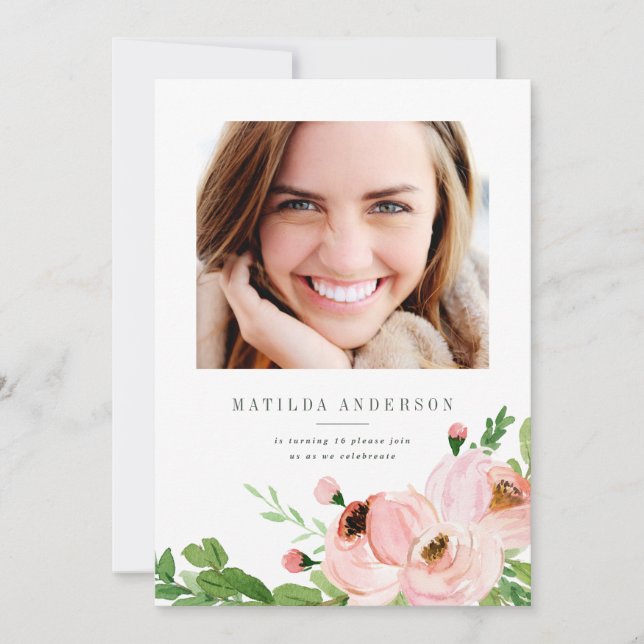 Blush pink floral watercolor photo birthday invite (Front)