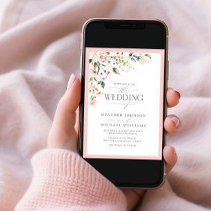 Blush Pink Floral Watercolor Script Photo Wedding Invitation