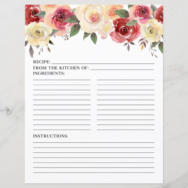 Blush Pink Floral Watercolor Shower Recipe Page (Front)