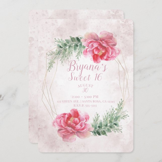 Blush Pink Floral Watercolor Sweet 16 Party Invitation (Front/Back)