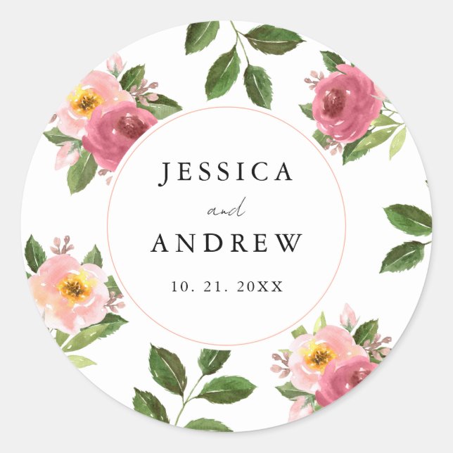 Blush Pink Floral Watercolor Wedding  Classic Round Sticker (Front)