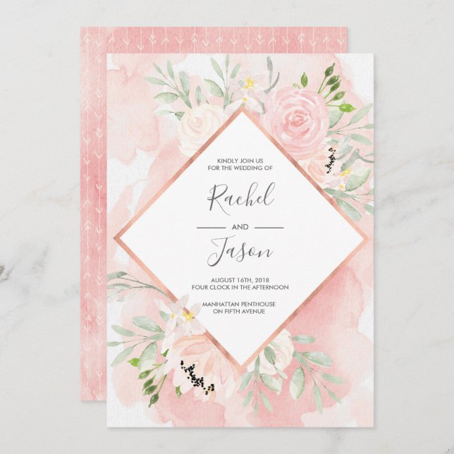 Blush Pink floral Watercolor Wedding invitation (Front/Back)