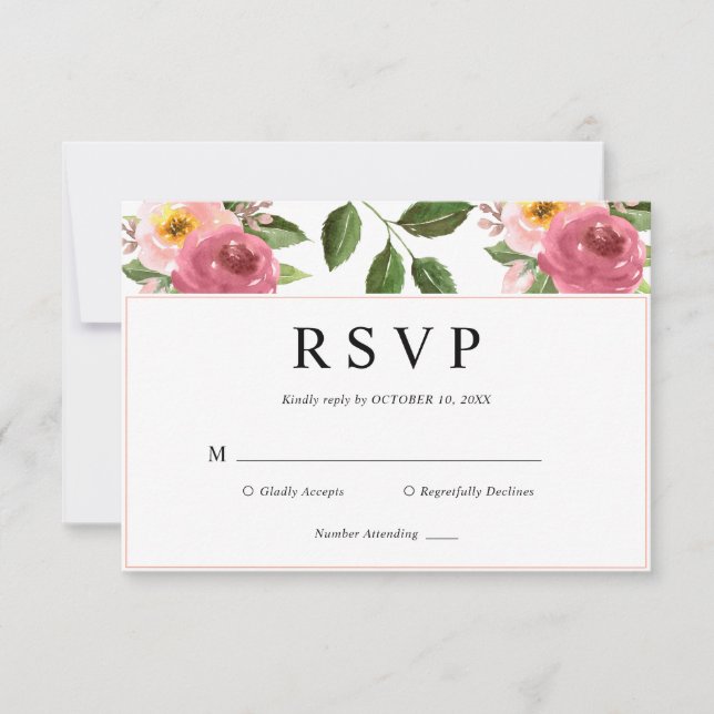 Blush Pink Floral Watercolor Wedding  RSVP Card (Front)