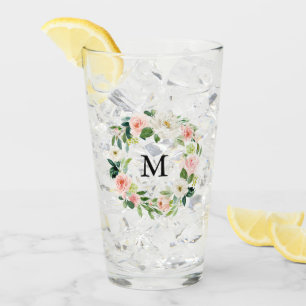 Blush Pink Floral Watercolor Wreath Monogram Glass