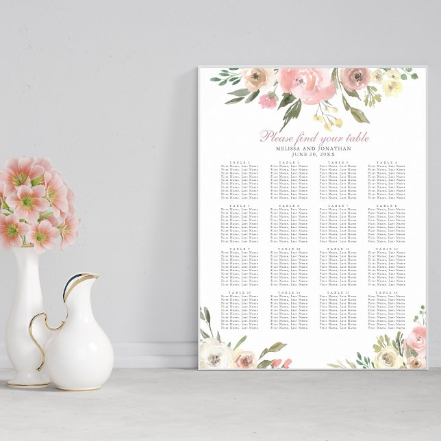 Blush Pink Floral Wedding 16 Table Seating Chart (Creator Uploaded)