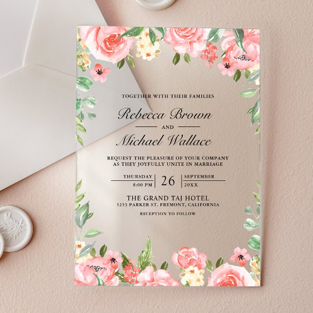 Blush Pink Floral Wedding Acrylic Invitations (Creator Uploaded)