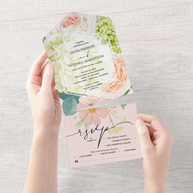 Blush Pink Floral Wedding All In One Invitation (Tearaway)