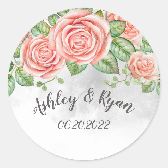 Blush Pink Floral Wedding Classic Round Sticker  (Front)