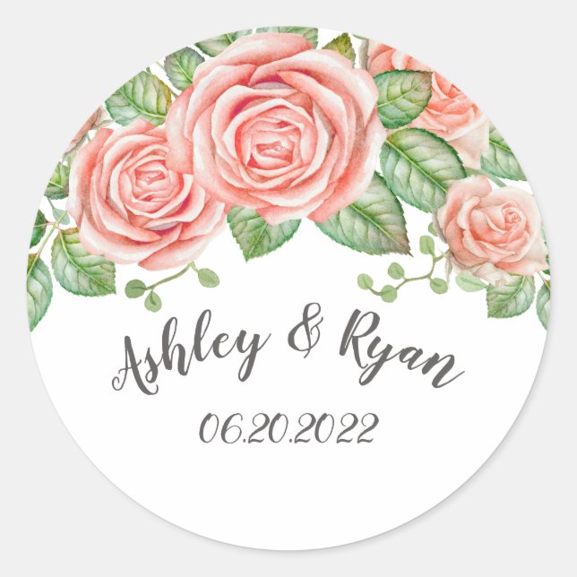 Blush Pink Floral Wedding Classic Round Sticker  (Front)