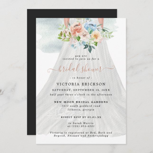 Blush Pink Floral | Wedding Dress Bridal Shower Invitation (Front/Back)