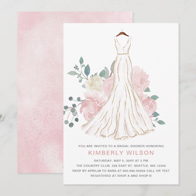 Blush Pink Floral Wedding Dress Bridal Shower Invitation (Front/Back)