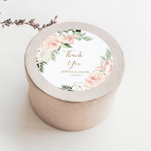 Blush Pink Floral Wedding Favour Thank You Classic Round Sticker (Creator Uploaded)