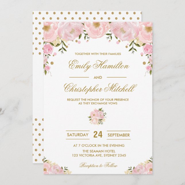 Blush Pink Floral Wedding Invitation Gold Confetti (Front/Back)