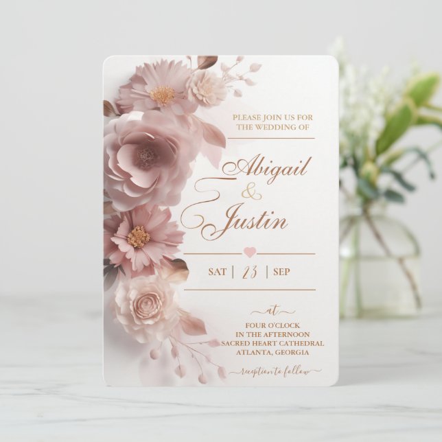Blush Pink Floral Wedding Invitation White Flowers (Standing Front)