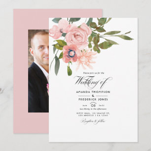 Blush Pink Floral Wedding Photo Invitation