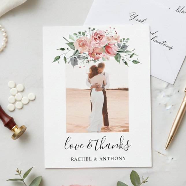 Blush Pink Floral Wedding Photo Love and Thanks Postcard (Creator Uploaded)