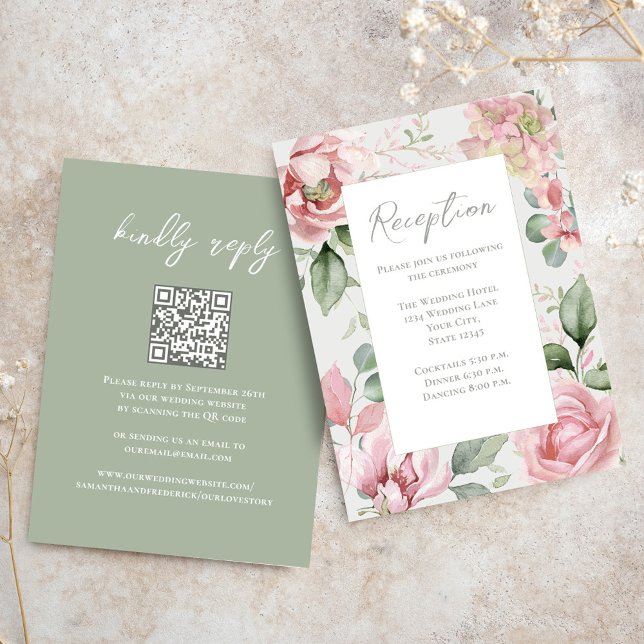 Blush Pink Floral Wedding Reception Enclosure Card (Reception enclosure card template with QR code. )