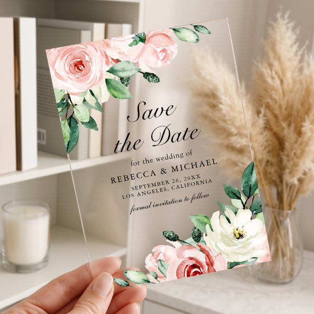 Blush Pink Floral Wedding Save the Date Acrylic Invitations (Creator Uploaded)