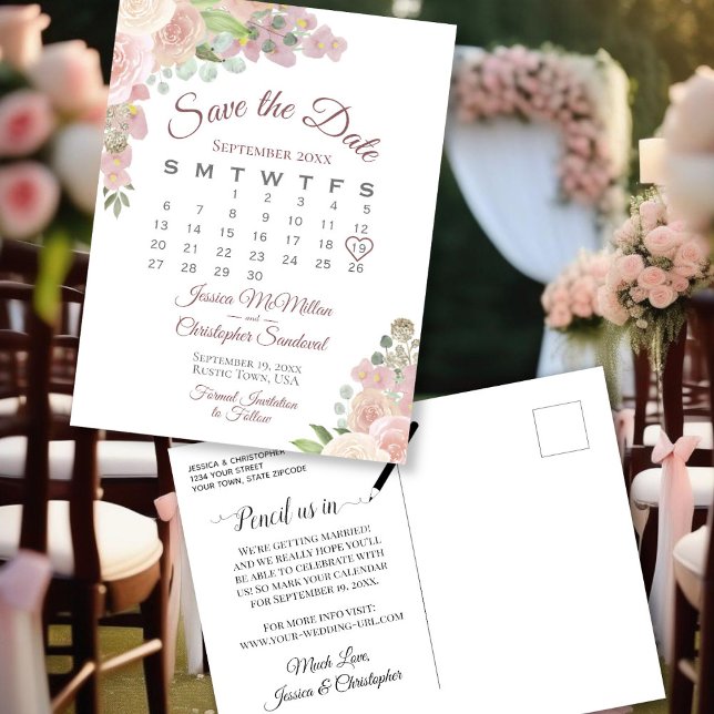 Blush Pink Floral Wedding Save the Date Calendar Announcement Postcard (Front/Back)