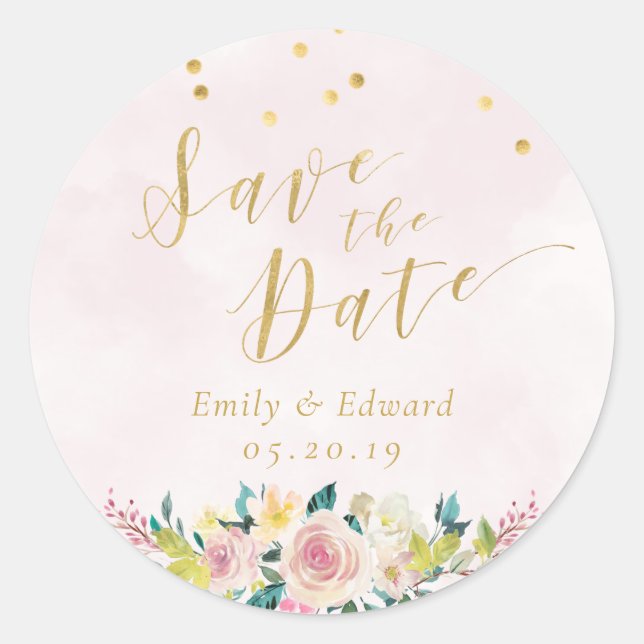 Blush Pink Floral Wedding Save the Date Classic Round Sticker (Front)