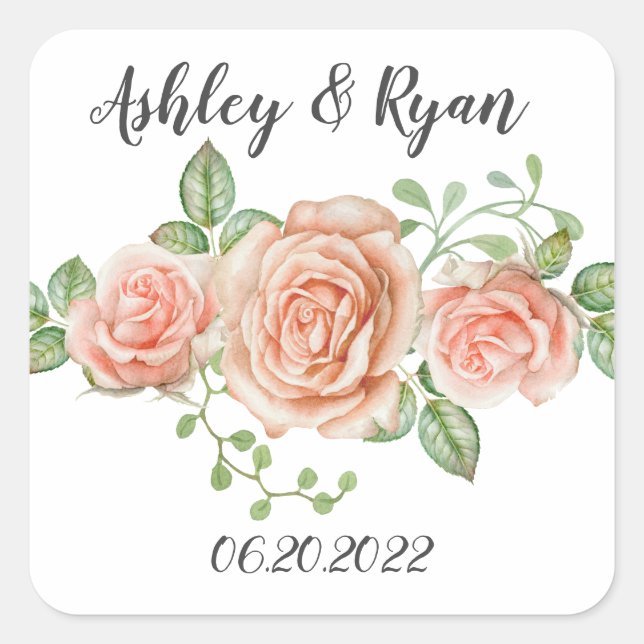 Blush Pink Floral Wedding Square Sticker (Front)