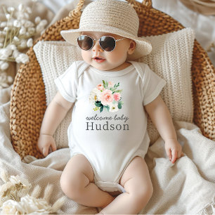 Blush Pink Floral Welcome Baby with Name Baby Bodysuit
