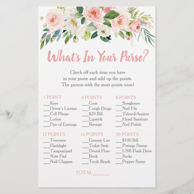 Blush Pink Floral What's In Your Purse Bridal Game (Front)