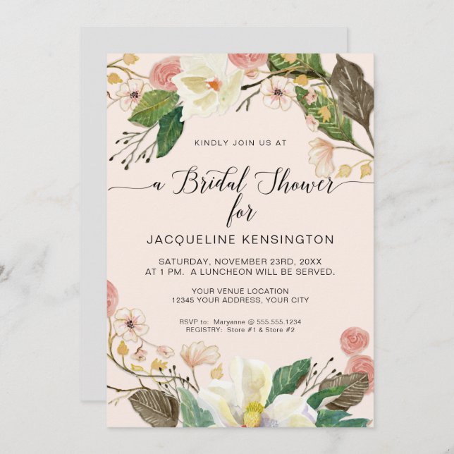 Blush Pink Floral White Magnolia Twig n Foliage Invitation (Front/Back)