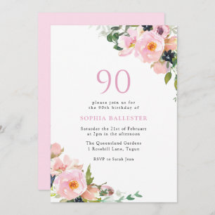 Blush Pink Floral Womans 90th Birthday Party Invitation