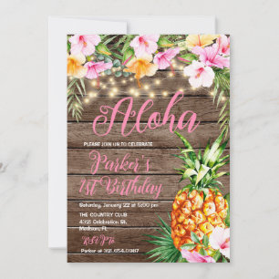 Blush Pink Floral Wood Aloha Pineapple Birthday Invitation