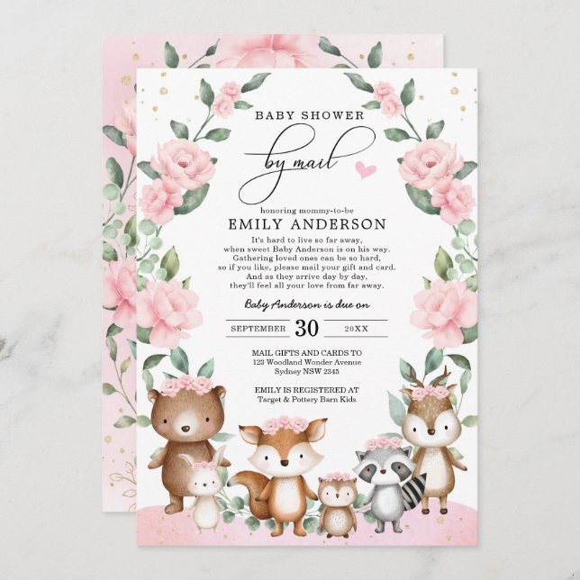 Blush Pink Floral Woodland Animals Baby Shower Invitation (Front/Back)