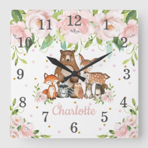 Blush Pink Floral Woodland Animals Girl Nursery Square Wall Clock