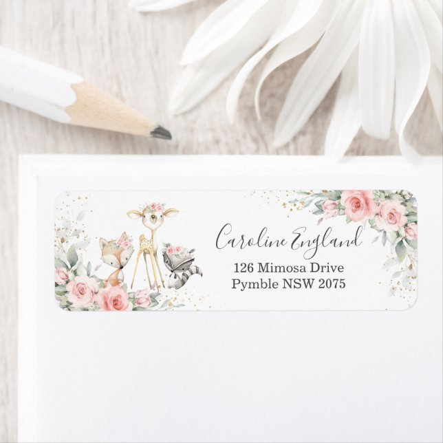 Blush Pink Floral Woodland Animals Return Address Label (Insitu)