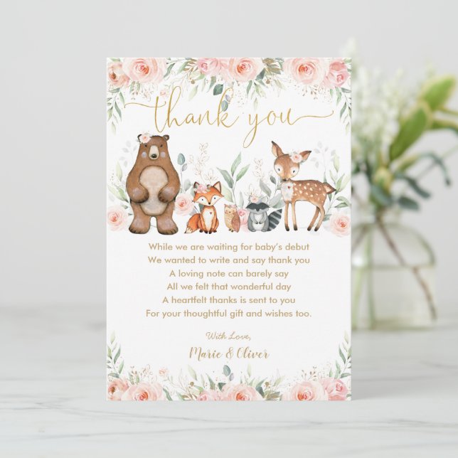 Blush Pink Floral Woodland Baby Shower Birthday  T Thank You Card (Standing Front)