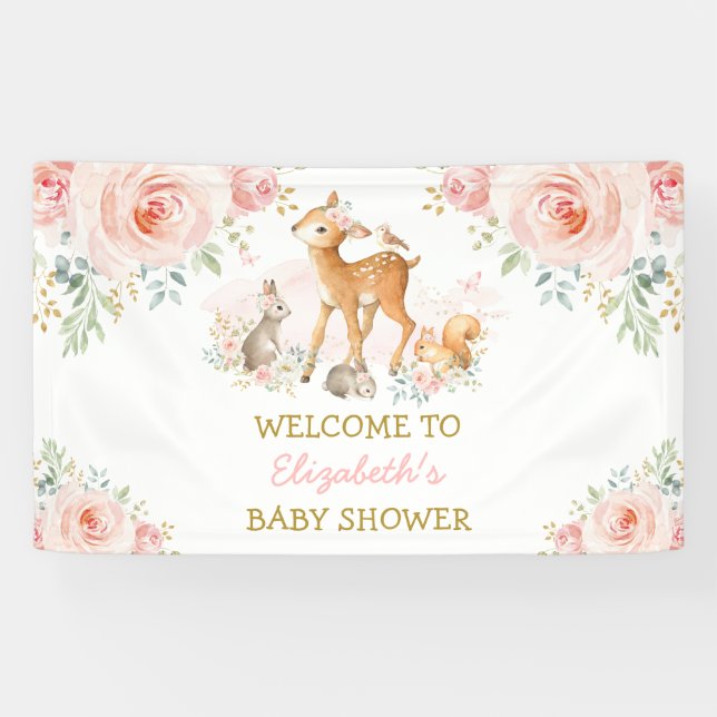Blush Pink Floral Woodland Deer Bunny Welcome Baby Banner (Horizontal)