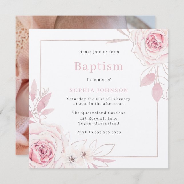 Blush Pink Floral Wreath Baby Girl Baptism V2 Invitation (Front/Back)