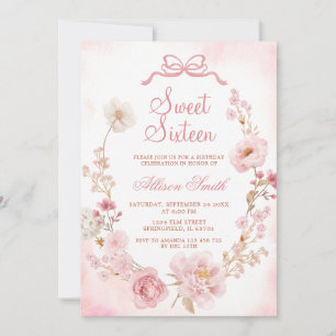 Blush Pink Floral Wreath Bow Girl Sweet Sixteen Invitation
