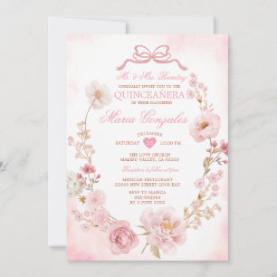 Blush Pink Floral Wreath Girl Coquette Quinceañera Invitation