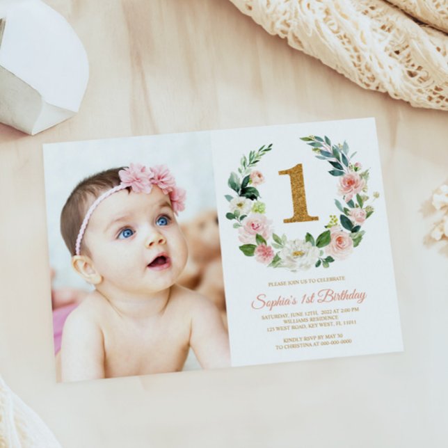 Blush Pink Floral Wreath Photo 1st Birthday Invitation (Creator Uploaded)