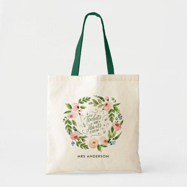 Blush pink floral wreath thank you teacher gift tote bag (Front)