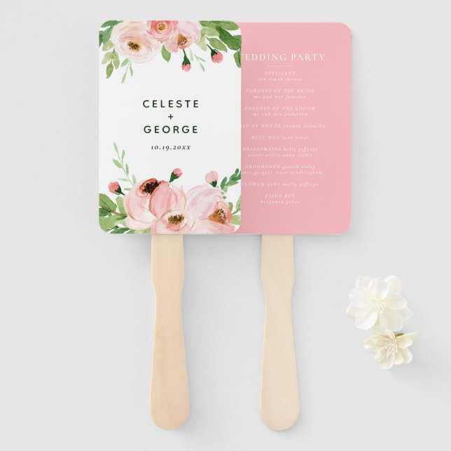 Blush pink floral wreath wedding hand fan (Front and Back)